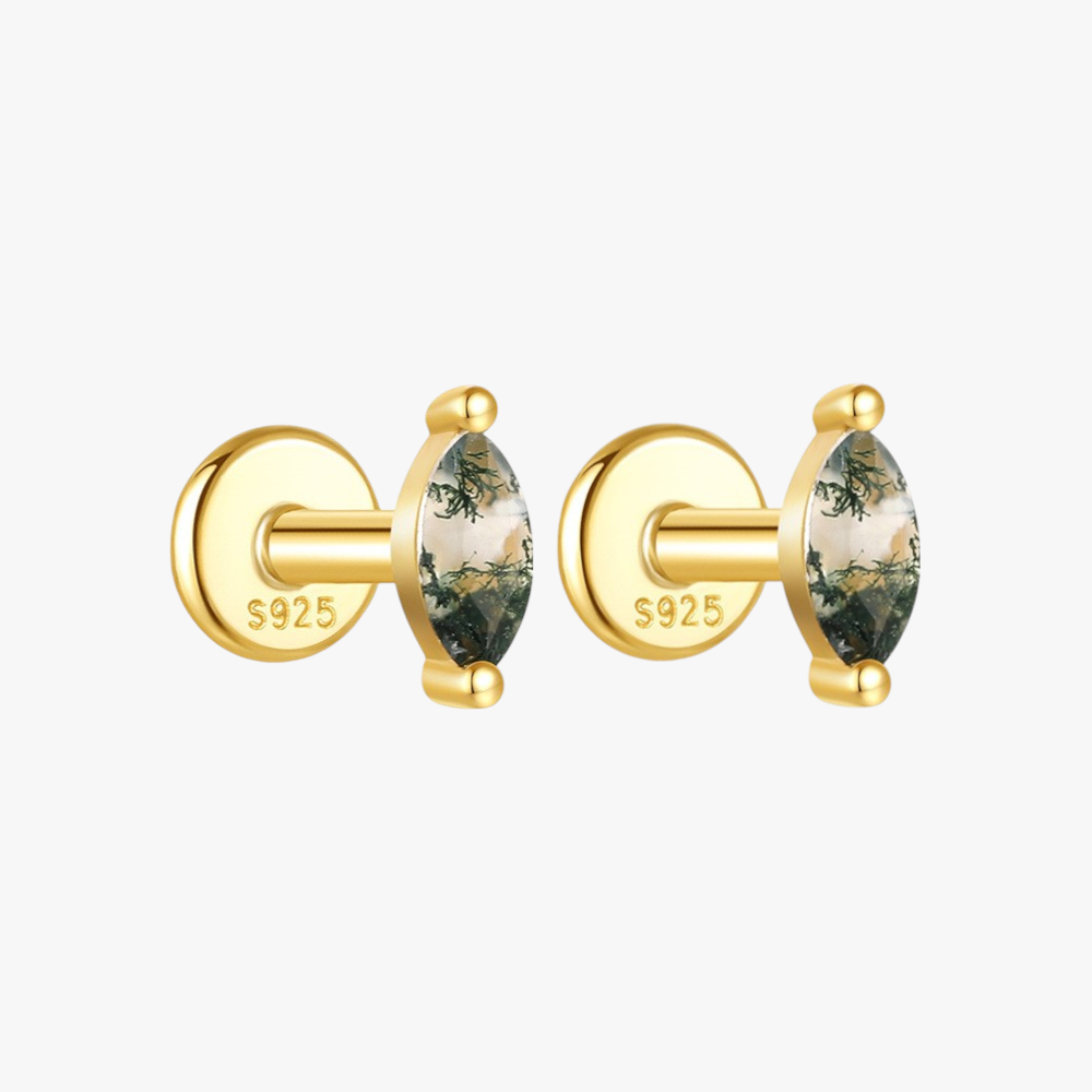 Marquise-Cut Moss Agate Stud Earrings - 925 Sterling Silver Gold Plated Delicate Jewelry for Women