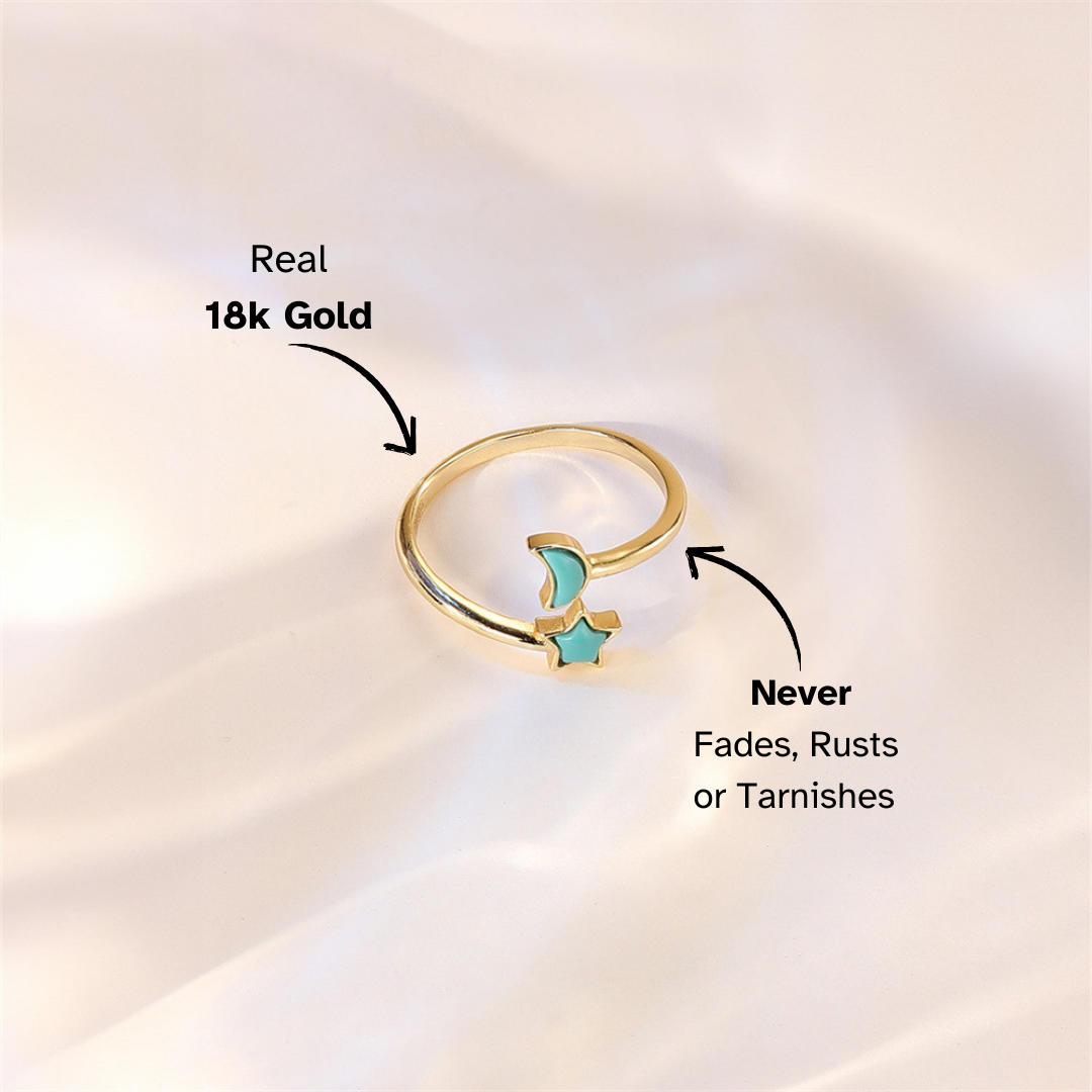 Gold Moon and Star Adjustable Ring - 925 Sterling Silver Open Ring with Turquoise, Stylish Celestial Jewelry for Women