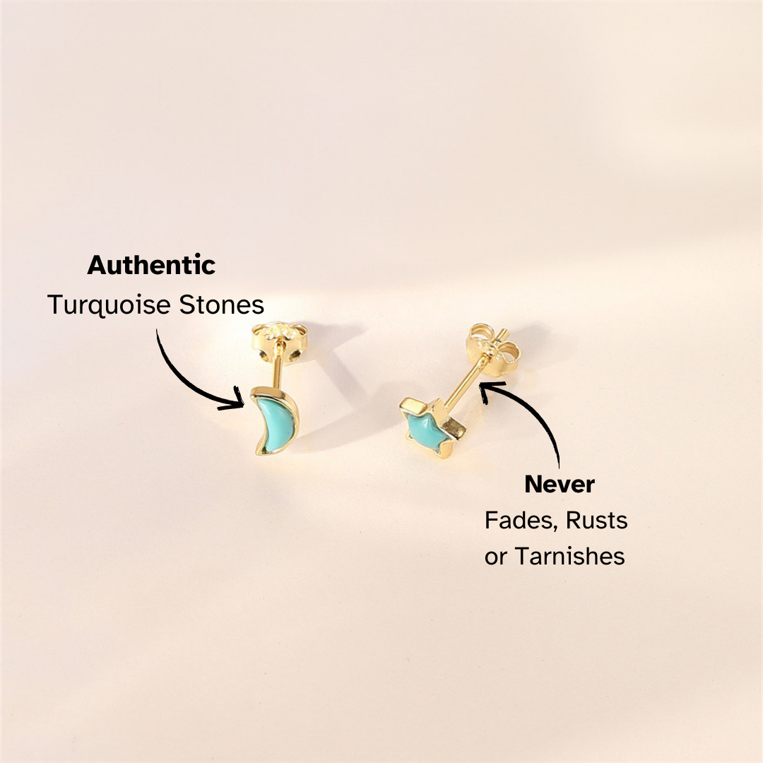 Gold Stud Earrings with Moon and Star - 925 Sterling Silver Hypoallergenic Turquoise Earrings for Women, Everyday Jewelry