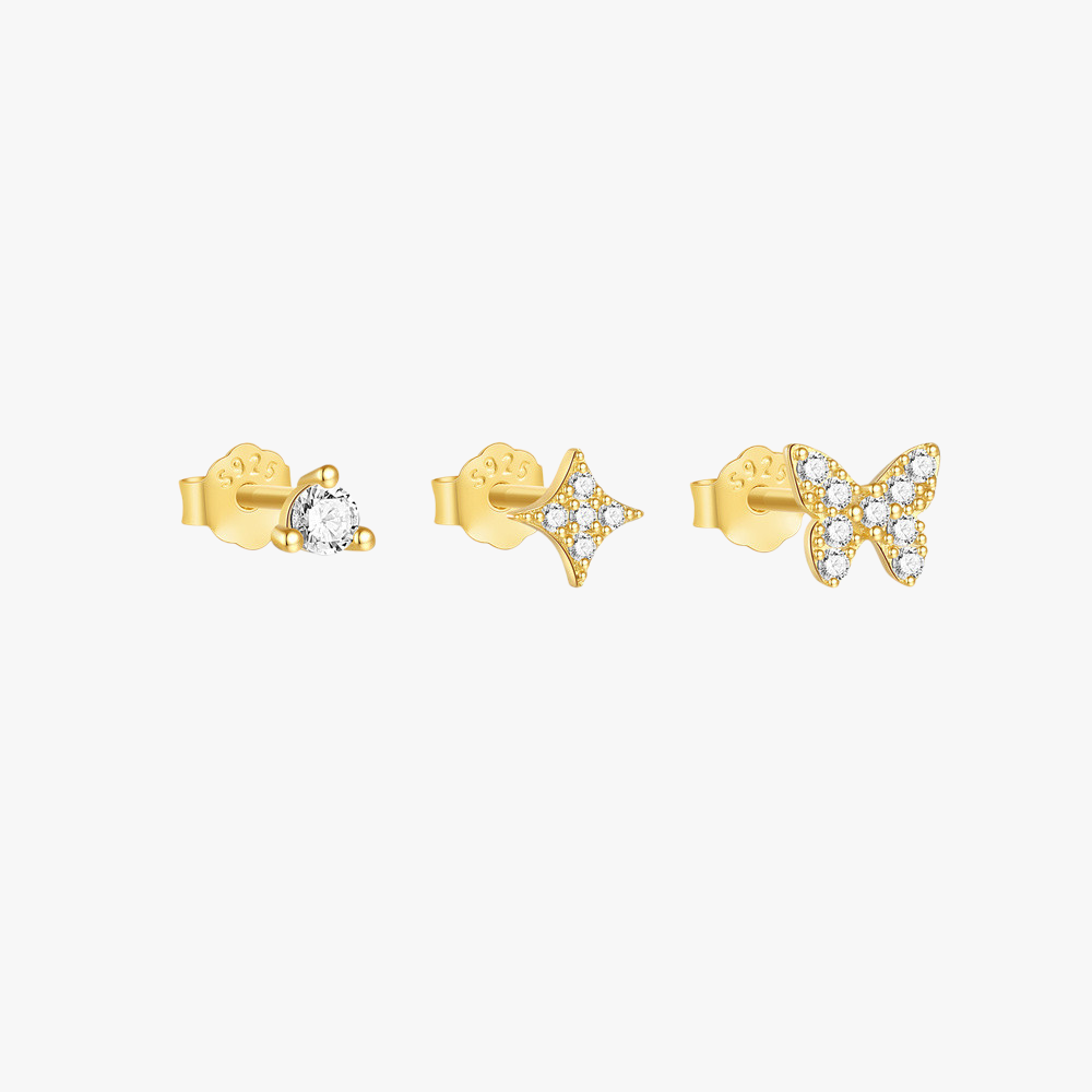 Minimalist gold sterling silver stud earrings set with star, butterfly, and round CZ for ear stack.