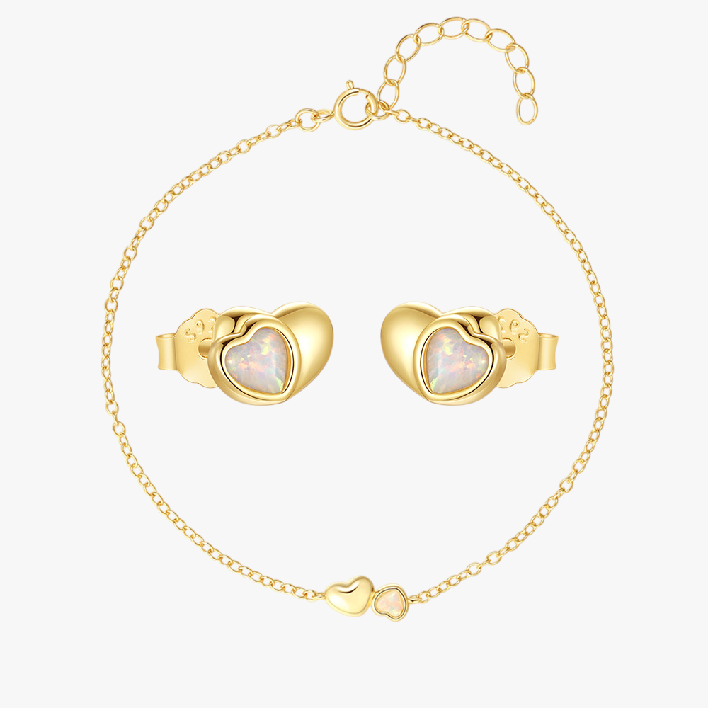 S925 gold opal heart bracelet and earrings set, waterproof & sweatproof jewelry, hypoallergenic nickel-free.