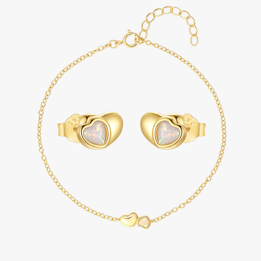 S925 gold opal heart bracelet and earrings set, waterproof & sweatproof jewelry, hypoallergenic nickel-free.