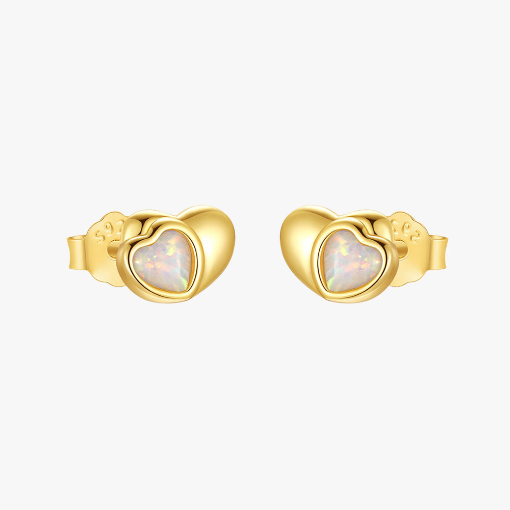 S925 gold opal heart stud earrings, minimalist and elegant hypoallergenic jewelry for everyday wear.