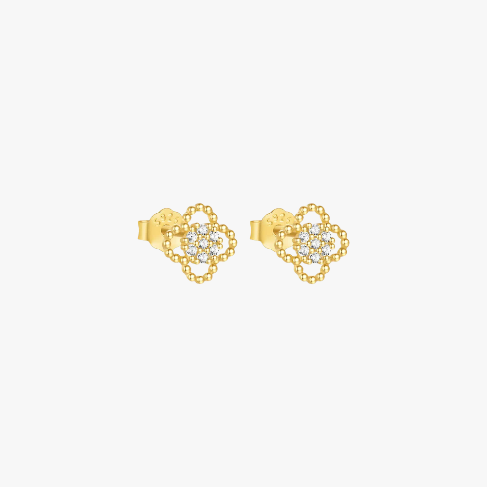 S925 sterling silver flower-shaped zircon stud earrings, intricate gold frame, and sparkling gems.