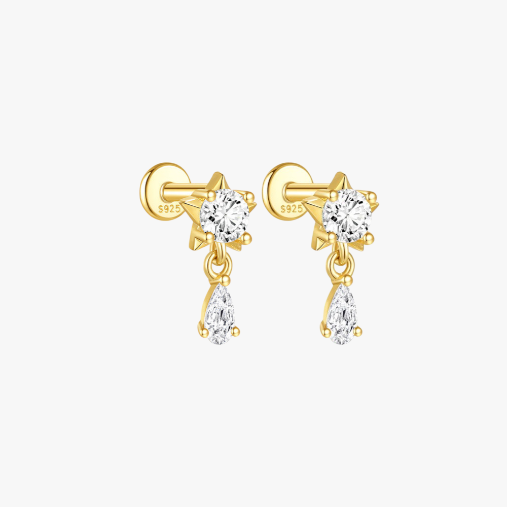 S925 sterling silver star zirconia stud earrings in gold. Elegant and dainty earrings for cartilage or lobe piercing, perfect for everyday wear or special occasions.