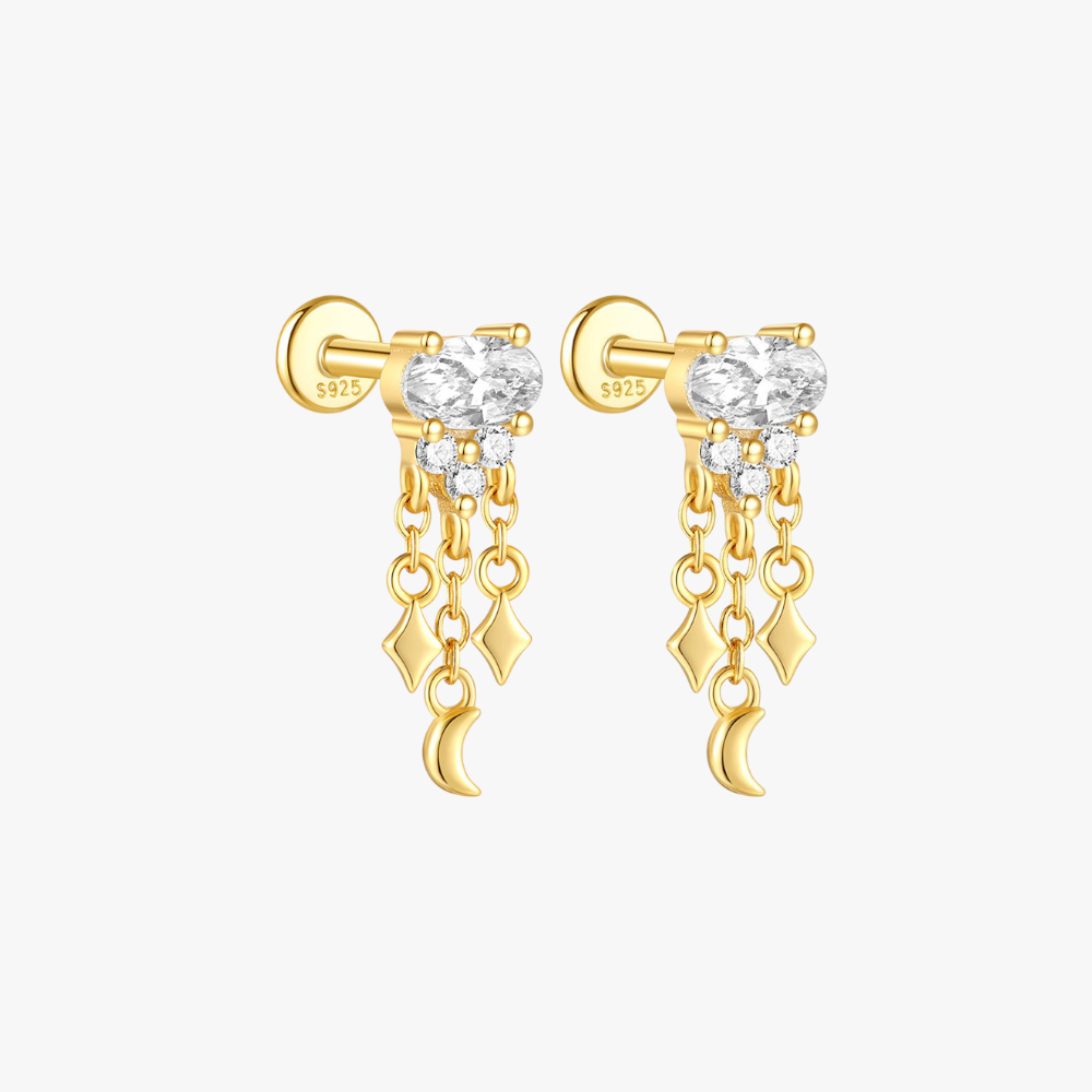 Gold-plated sterling silver zircon dangle earrings with delicate chains and moon charm, perfect for everyday elegance.