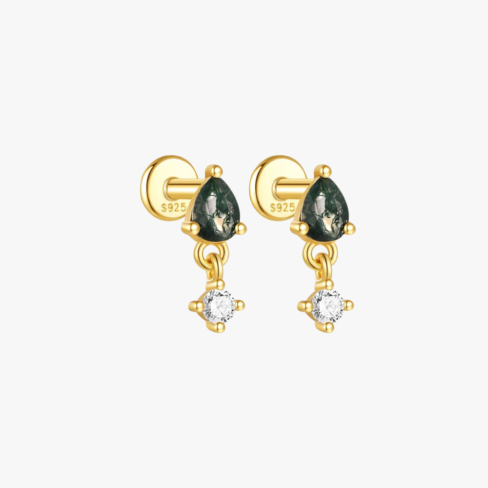 Teardrop Moss Agate Dangle Stud Earrings - 925 Sterling Silver Gold Plated with Sparkling Cubic Zirconia