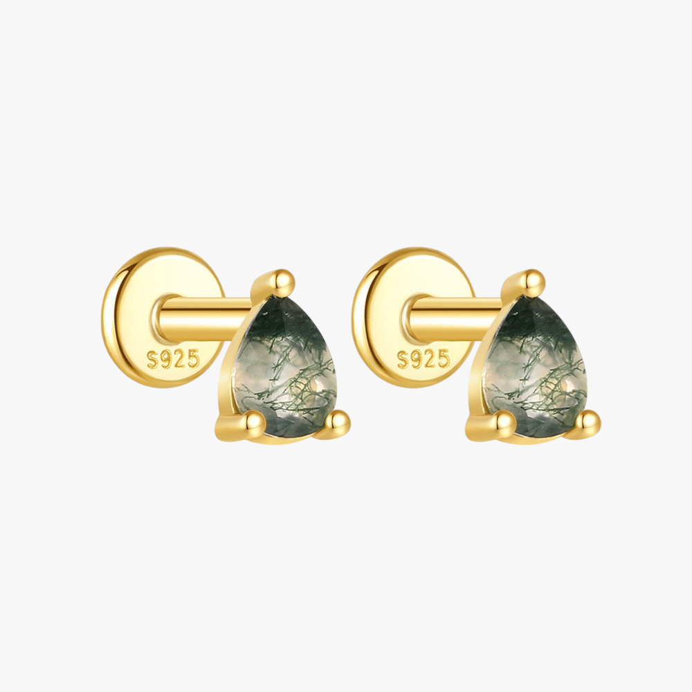 Teardrop Moss Agate Stud Earrings - 925 Sterling Silver Gold Plated Hypoallergenic Earrings for Women