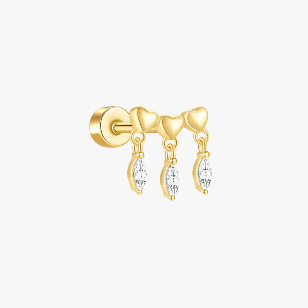 Triple heart drop zircon cartilage stud earring on a white background. A delicate gold earring with three heart-shaped designs and sparkling zircon stones.