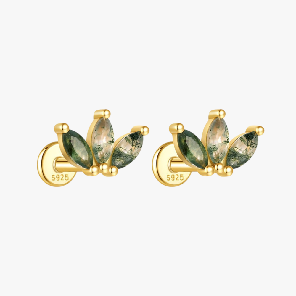 Triple Leaf Moss Agate Stud Earrings - 925 Sterling Silver Gold Plated Unique Ear Jewelry for Women