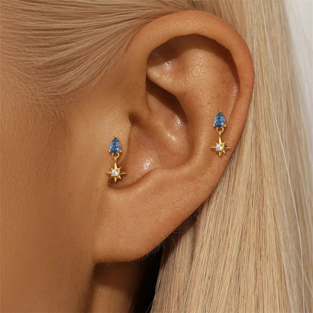 Blue Teardrop Star Drop Earrings