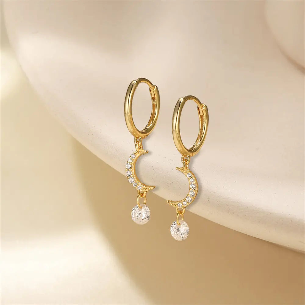 Crescent Moon Crystal Hoop Earrings