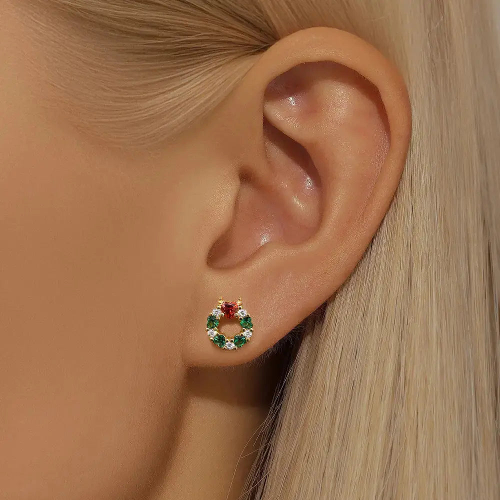 Christmas Wreath Zircon Stud Earrings