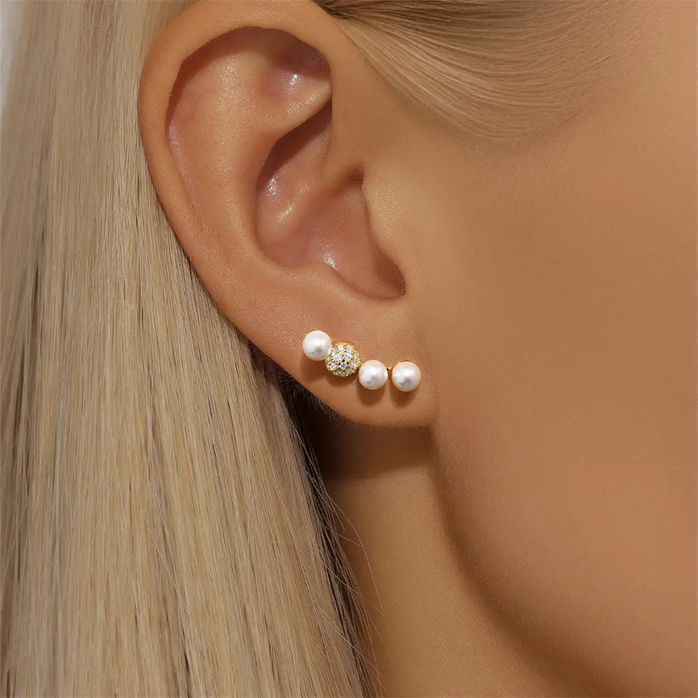 Pearl and Zirconia Bar Stud Earrings