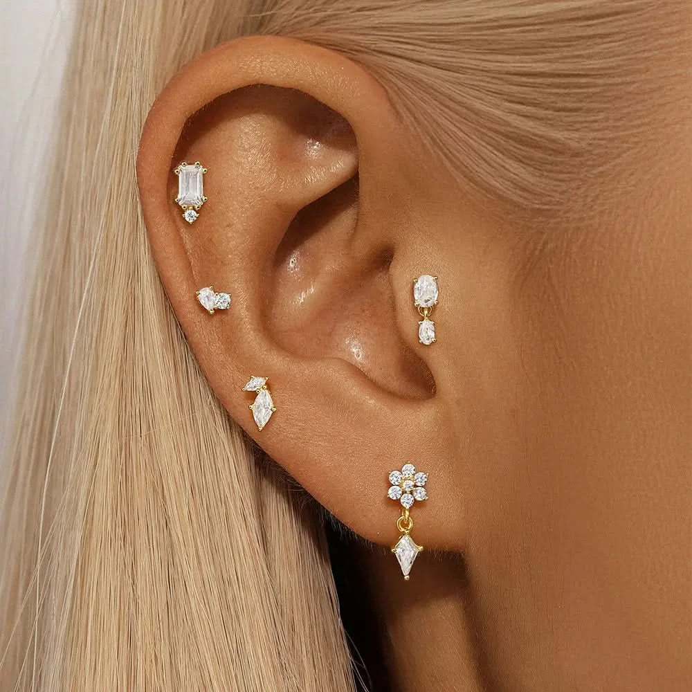 Floral Starburst and Geometric Zirconia Dangle Barbell Cartilage Stud Earring