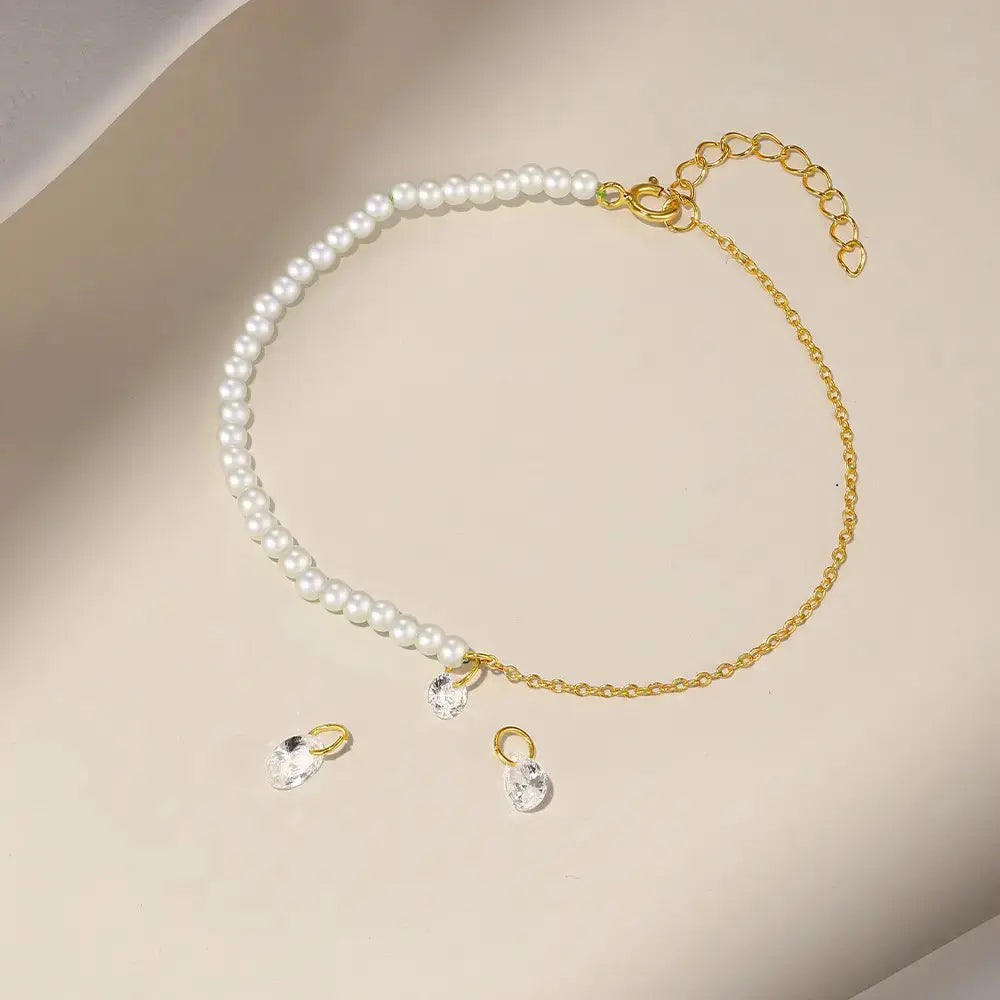 Asymmetrical Pearl & Zirconia Chain Bracelet