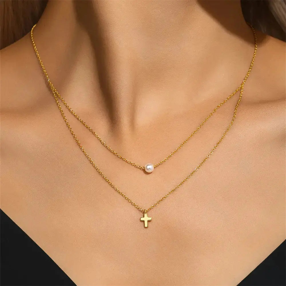 Double Layered Cross & Pearl Pendant Necklace