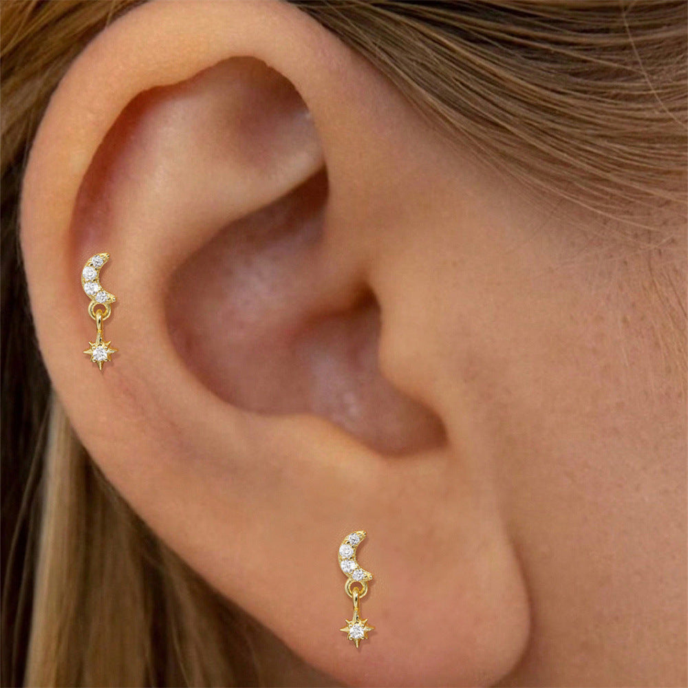 925 Sterling Silver Crescent Moon & Star Drop Cartilage Earring