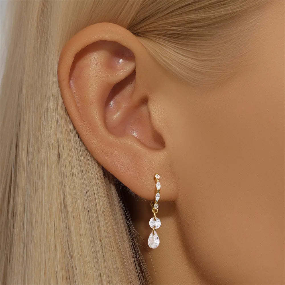 Leaf Drop Zirconia Hoop Earrings