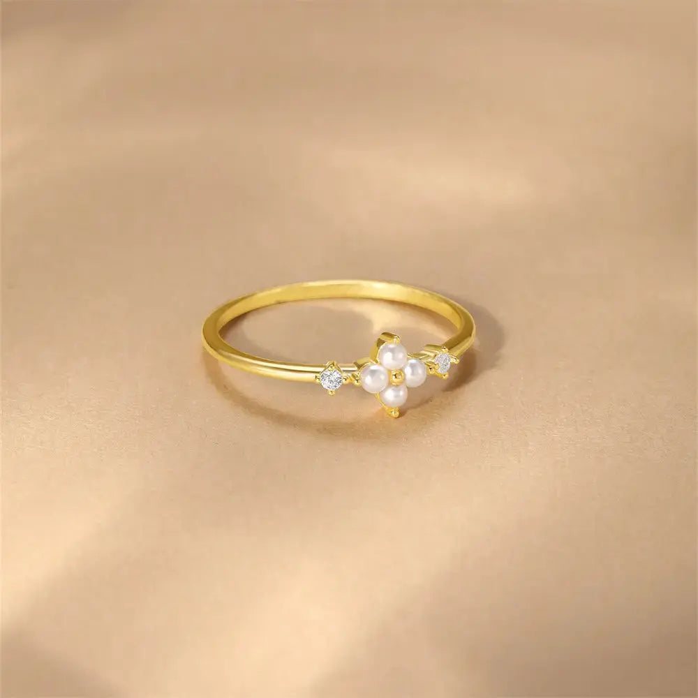 Delicate Pearl Four-Leaf Clover Ring